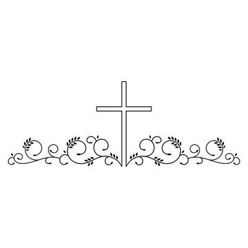 Christian cross with simple pattern swirl branches leaves Illustrazione stock
