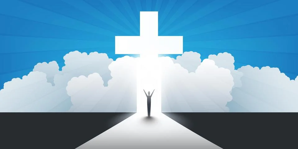 Christian Cross Symbol with Sun Rays, Clouds, Standing Man - Sign of Crucif.. Stock Illustration