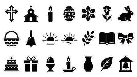 Christian easter and religious spring celebration black vector icon collect.. Stock Illustration