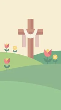 Christian Easter Cross on Spring Hills Background for Resurrection Celebrat.. Stock Illustration