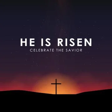 Christian easter scene, Saviour cross on dramatic sunrise scene, with text He Stock Illustration