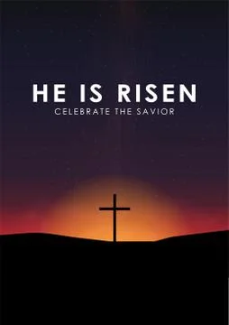Christian easter scene, Saviour cross on dramatic sunrise scene, with text He Stock Illustration
