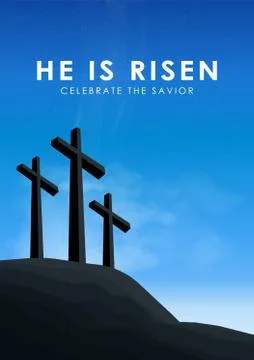 Christian easter scene, Saviour cross on dramatic sunrise scene, with text He Stock Illustration