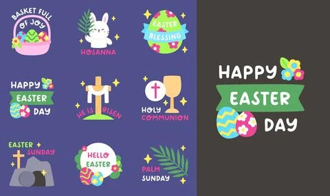 Christian Easter Sticker Set with Religious Symbols in Colorful Cartoon Style Stock Illustration