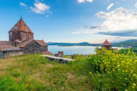 Christian monastery Sevanavank and lake Sevan at sunset, Armenia 스톡 사진