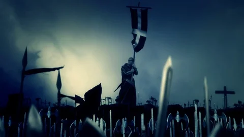 Christian Monk Holding Crusader Flag while Army March to Battle Stock Footage