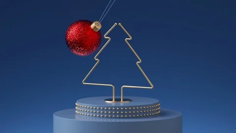 Christmas 3d red ball going through fir tree shape, blue background, loop ani Video stock 116416498