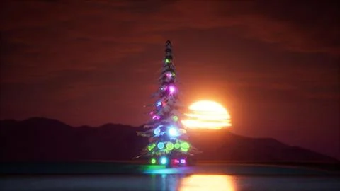 Christmas 3d render illustration of sun set and decoration holiday christma Illustrazione stock