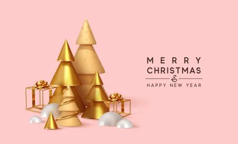 Christmas 3D render illustrations. Composition from golden metallic pine, spr Stock Illustration