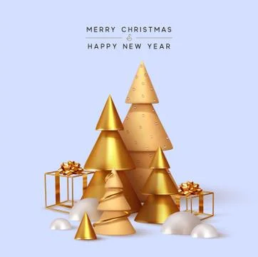 Christmas 3D render illustrations. Composition from golden metallic pine, spr Stock Illustration