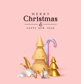 Christmas 3D render illustrations. Composition from golden metallic pine, spr 스톡 일러스트