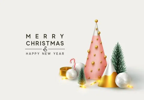 Christmas 3D render illustrations. Composition from golden metallic pine, gre Illustrazione stock