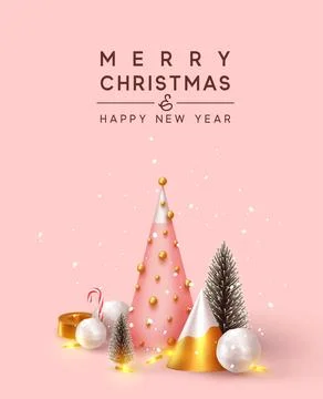 Christmas 3D render illustrations. Composition from golden metallic pine, gre 스톡 일러스트