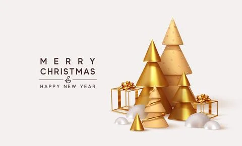 Christmas 3D render illustrations. Composition from golden metallic pine, s.. Stock Illustration