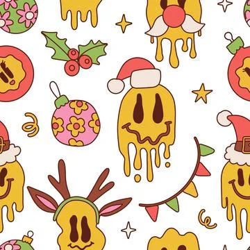 Christmas 70s retro seamless pattern with groovy smile face, holly, balls, stars 库存插图