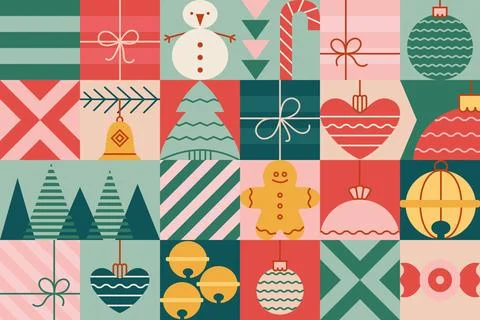 Christmas abstract seamless block pattern with toys, balls, star, soldier, tree Stock Illustration
