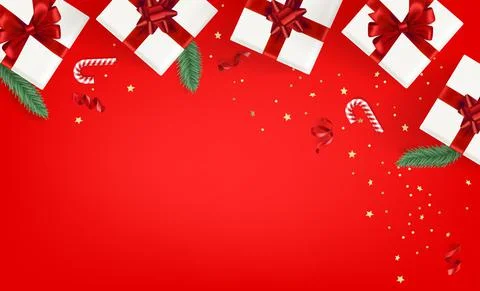 Christmas accessories on a table. 3d vector banner with copy space Иллюстрация