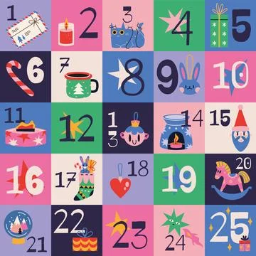 Christmas Advent calendar with cute elements in vibrant colors, cartoon style Stock Illustration