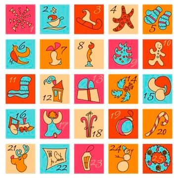 Christmas Advent Calendar with different objects.  Stock Illustration