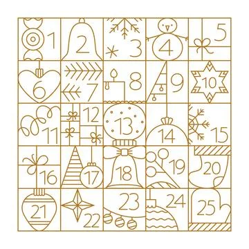 Christmas Advent Calendar elements with cute line illustrations. Simple outline Stock Illustration