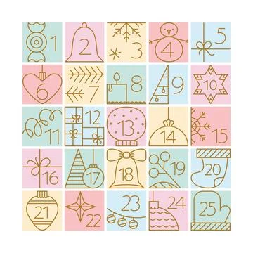 Christmas Advent Calendar elements with simple line illustrations. Cute outline Stock Illustration