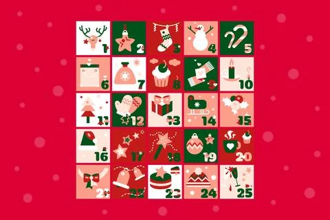 Christmas advent calendar grid numbered cards traditional retro style holiday Stock Illustration