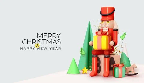Christmas and New Year background. Realistic 3d holiday design, Nutcracker .. Stock Illustration
