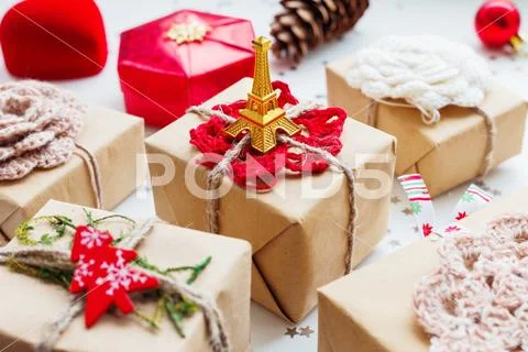 Christmas and New Year background with presents and decorations. Symbol of Pa Stock Photos