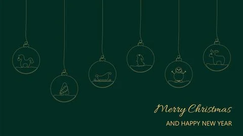 Christmas and New Year composition of hanging balls with reindeer, horse, tre Stock Illustration