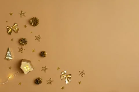 Christmas and New Year composition flat lay with golden decorations on beige 스톡 사진