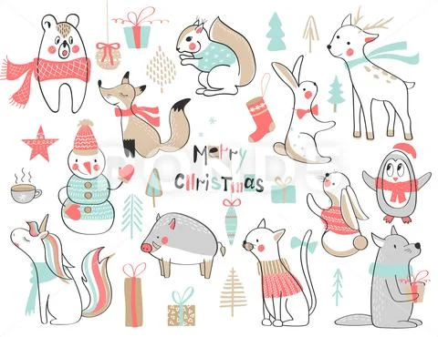 Christmas And New Year. Cute Vector Set With Cute Hand-Drawn Animals. Vector