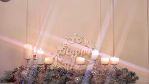 Christmas and New Year decor, fireplace and burning candles, new year concept Stock Footage 70648885