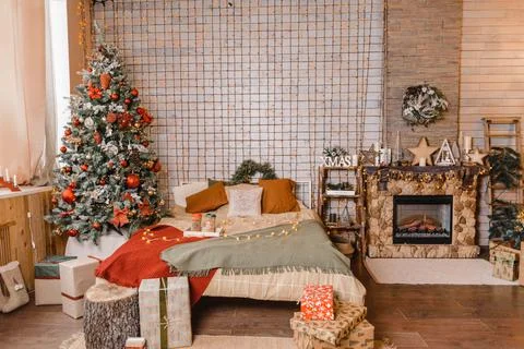 Christmas and New Year decorated interior ,cozy living room Stock Photos