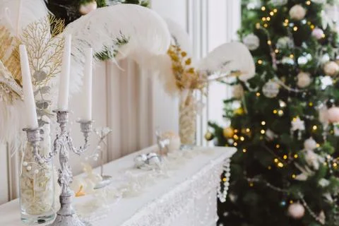 Christmas and New Year decorations with lights. Concept and background. Stock Photos