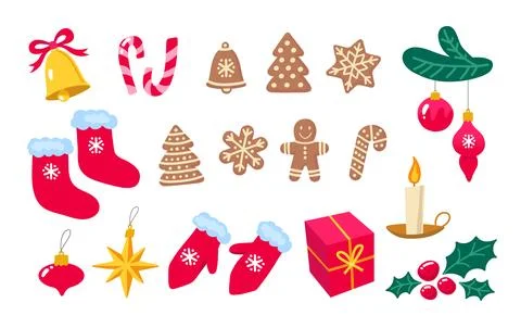 Christmas and New Year objects set. Vector illustrations isolated on white. Stock Illustration