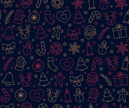 Christmas and New Year pattern line icons on dark blue background. Seamless Stock Illustration