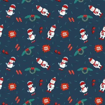 Christmas and New Year pattern with cute animals and seasonal elements. Snowman Illustrazione stock
