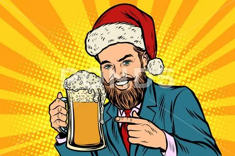 Christmas and New year. Smiling man with a mug of beer foam Stock Illustrationen