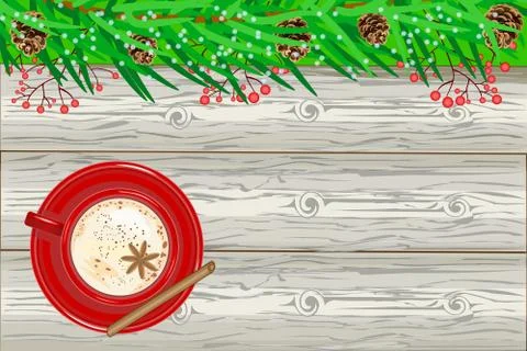 Christmas and New year wooden top view background with fir branch and eggnog. Stock Illustration