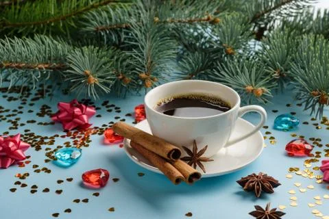 Christmas and New Year's composition with coffee. Stock Photos