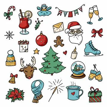Christmas and Winter Doodles Elements. Colored vector elements for Christmas. Illustrazione stock
