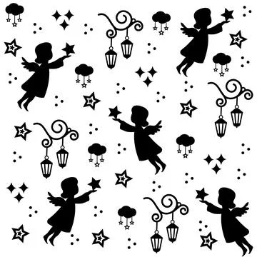 Christmas angels pattern, vector isolated illustration, black stencil Stock Illustration