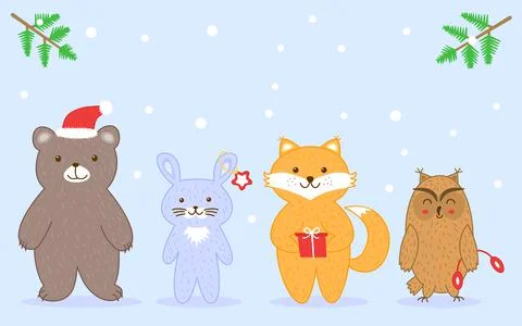 Christmas animals set bear, fox, owl, hare, bunny Stock Illustration