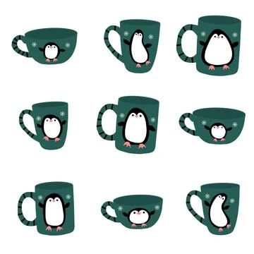 Christmas animals set penguin and cups pattern for wrapping paper and fabrics Stock Photos