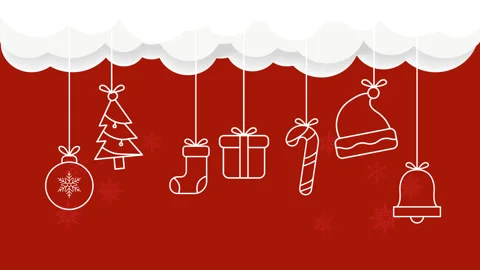 Christmas Animation with 3D Clouds and Hanging Ornaments on Red Background Stock Footage 294955324