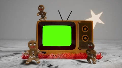 Christmas animation with dancing ginger bread characters around television Stock Footage 280742016