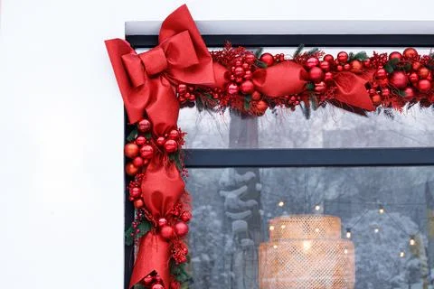 Christmas atmosphere pattern background external store facade white wall and  Stock Photos