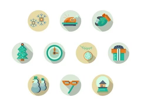 Christmas attributes round flat vector icons set Stock Illustration
