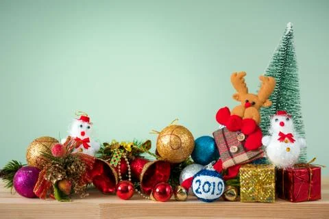 Christmas background 2019 of decorations on the table Stock Photos