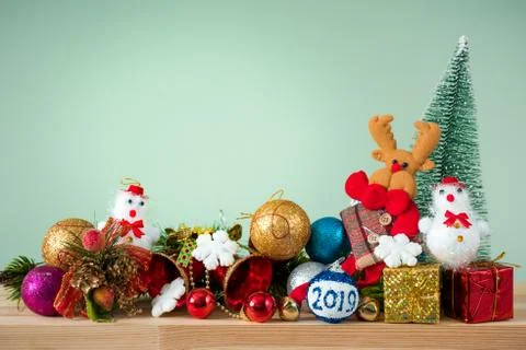 Christmas background 2019 of decorations on the table Stock Photos